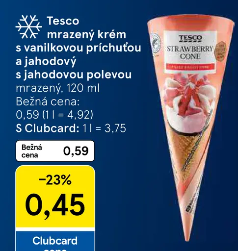 Tesco mrazený krém s vanilkovou príchuťou a jahodovou polevou