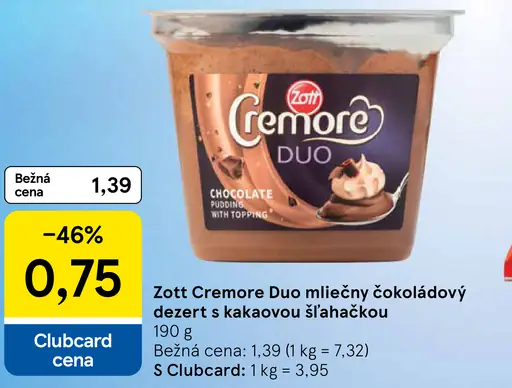 Zott Cremore Duo mliečny čokoládový dezert s kakaovou šľahačkou