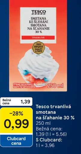 Tesco trvanlivá smotana na šľahanie 30 %