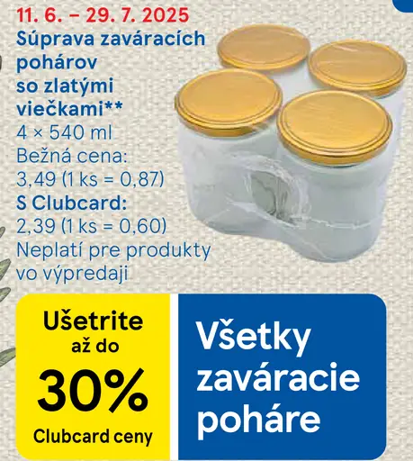 Súprava zaváracích pohárov so zlatými viečkami