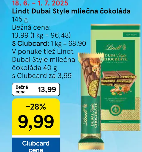 Lindt Dubai Style mliečna čokoláda s náplňou z pistáciových orieškov