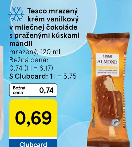 Tesco mrazený krém s rastlinným tukom vanilkový v bielej čokoláde s kúskami mandlí