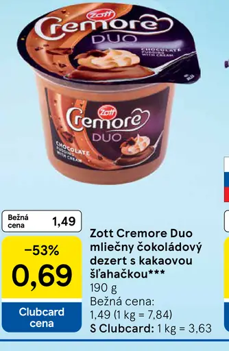 Zott Cremore Duo mliečny čokoládový dezert so šľahačkou