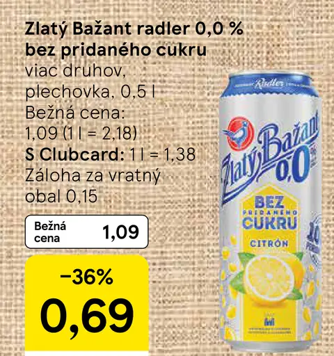 Zlatý Bažant radler 0,0 % bez pridaného cukru plechovka