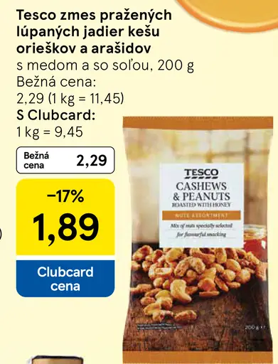 Tesco zmes pražených lúpaných jadier kešu orieškov a arašidov
