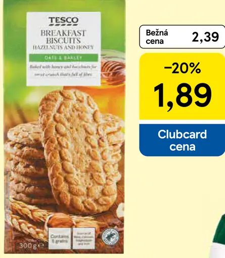 Tesco obilninové sušienky s kúskami čokolády, lieskovými orieškami a medom