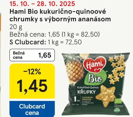 Hami Bio kukurično-quinové chrumky s výborným ananásom