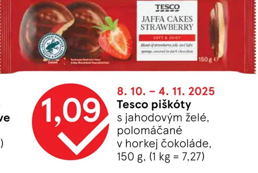 Tesco piškóty s jahodovým želé, polomáčané v horkej čokoláde
