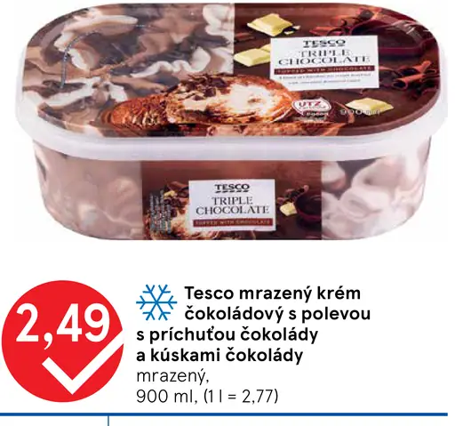 Tesco mrazený krém čokoládový s polevou s príchuťou čokolády a kúskami čokolády