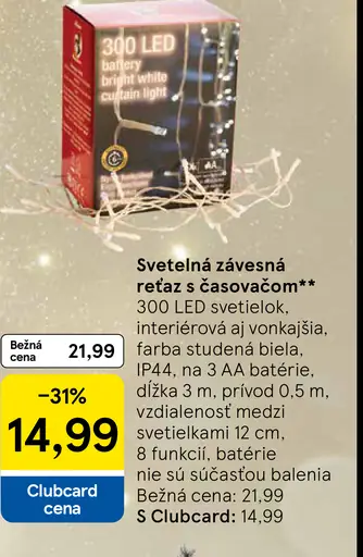 Svetelná závesná reťaz s časovačom 300 LED