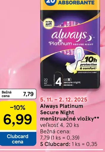 Always Platinum Secure Night Extra (veľkosť 5) vložky s krídelkami