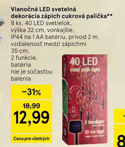 Vianočná LED svetelná dekorácia zápich cukrová palička
