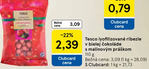 Tesco lyofilizované ríbezle v bielej čokoláde s malinovým práškom