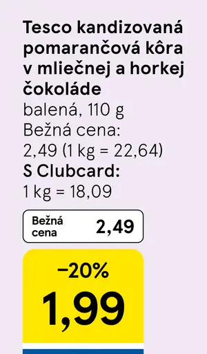 Tesco kandizovaná pomarančová kôra v mliečnej a horkej čokoláde
