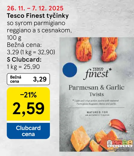 Tesco Finest tyčinky so syrom parmigiano reggiano a cesnakom