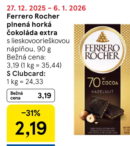 Ferrero Rocher Plnená horká čokoláda extra s lieskoorieškovou náplňou