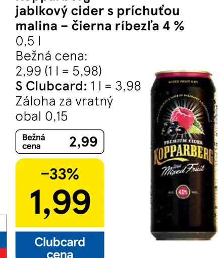 Kopparberg jablkový cider s príchuťou malina – čierna ríbezľa 4% plechovka