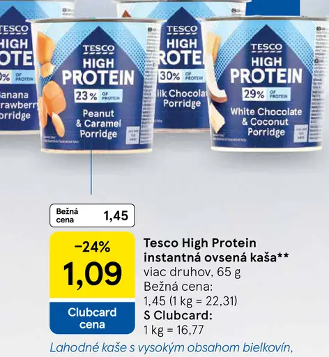 Tesco High Protein instantná ovsená kaša Banana & Strawberry Porridge
