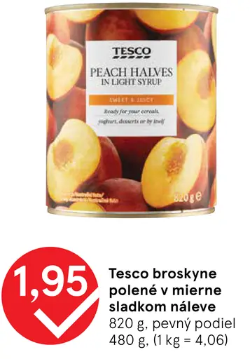 Tesco polené broskyne v mierne sladkom náleve