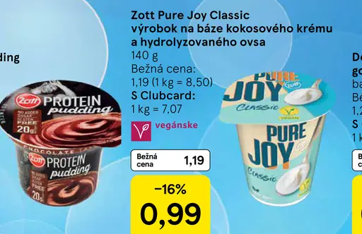 Zott Pure Joy Classic výrobok na báze kokosového krému a hydrolyzovaného ovsa