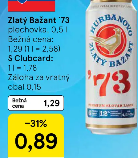 Zlatý Bažant '73 pivo svetlý ležiak plechovka