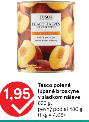 Tesco polené broskyne v mierne sladkom náleve