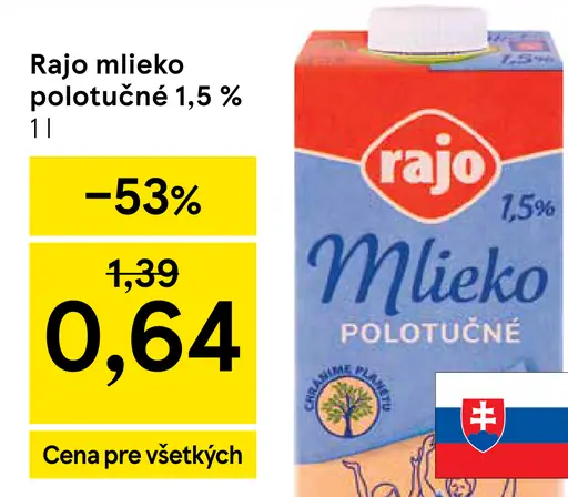 Rajo Mlieko polotučné 1,5%