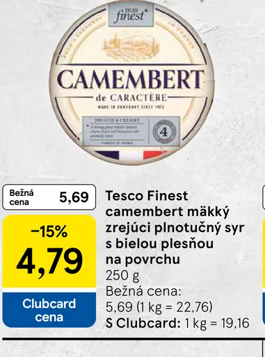 Tesco Finest camembert mäkký zrejúci plnotučný syr s bielou plesňou na povrchu