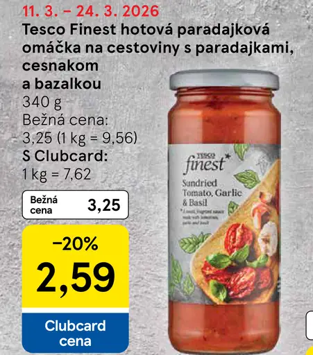 Tesco Finest hotová paradajková omáčka na cestoviny s paradajkami, cesnakom a bazalkou