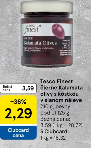 Tesco Finest čierne Kalamata olivy s kôstkou v slanom náleve