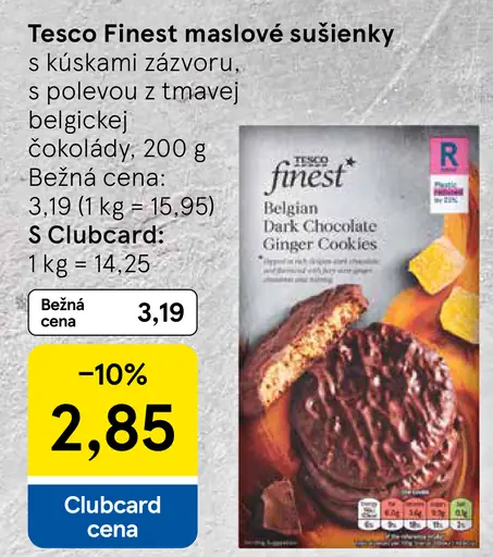 Tesco Finest maslové sušienky s kúskami zázvoru s polevou z tmavej belgickej čokolády