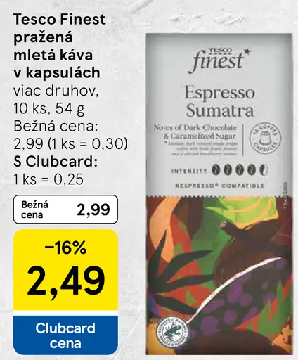Tesco Finest pražená mletá káva v kapsulách viac druhov