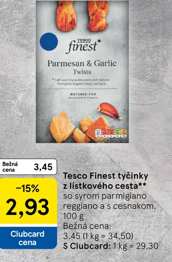 Tesco Finest tyčinky z lístkového cesta so syrom parmezán reggiano a s cesnakom
