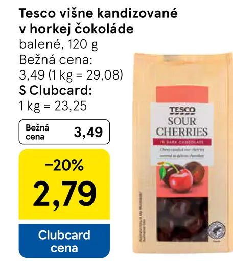 Tesco višne kandizované v horkej čokoláde