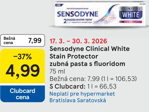 Sensodyne Clinical White Stain Protector zubná pasta s fluoridom