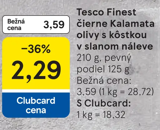Tesco Finest čierne Kalamata olivy s kôstkou v slanom náleve