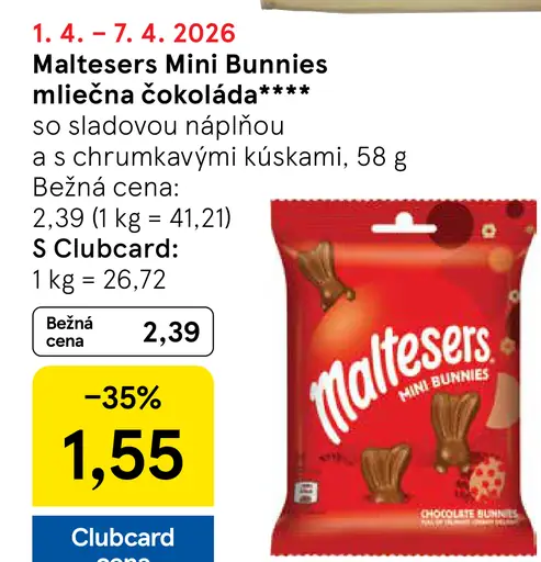 Maltesers Mini Bunnies mliečna čokoláda so sladovou náplňou a chrumkavými kúskami