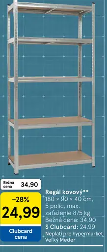 Regál kovový 180 × 90 × 40 cm, 5 políc