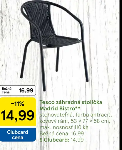 Tesco záhradná stolička Madrid Bistro kovová stohovateľná