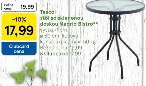 Tesco stôl so sklenenou doskou Madrid Bistro kovový