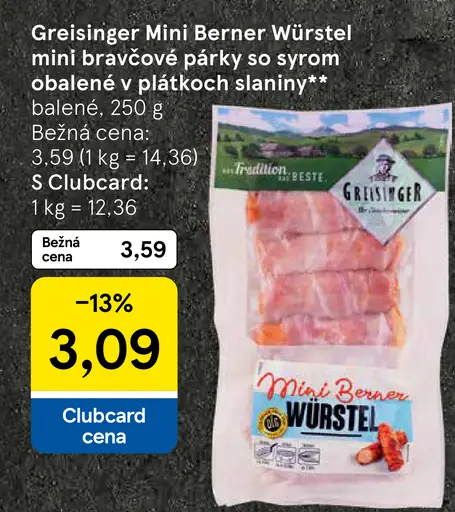 Greisinger Mini Berner Würstel mini bravčové párky so syrom obalené v plátkoch slaniny