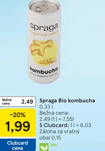 Spraga Bio kombucha ginger and lemon plechovka