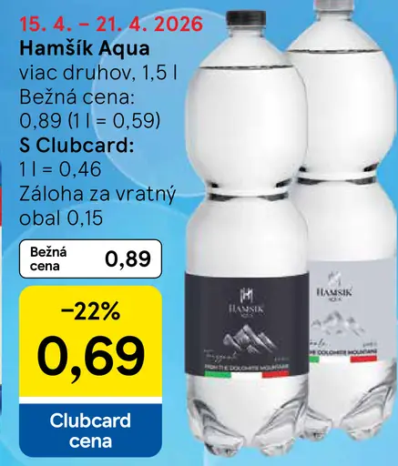 Hamšík Aqua pramenitá voda sýtená, nesýtená