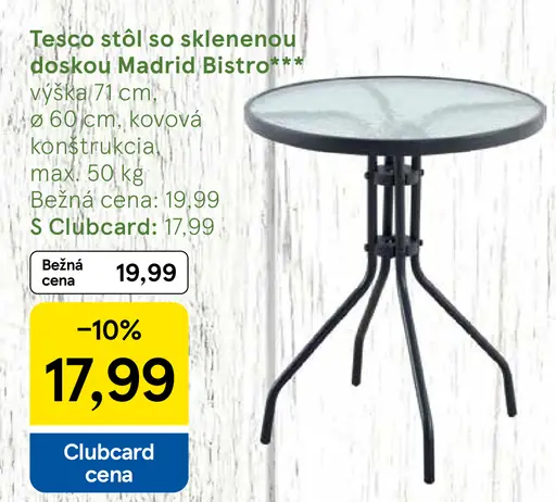 Tesco stôl so sklenenou doskou Madrid Bistro kovový