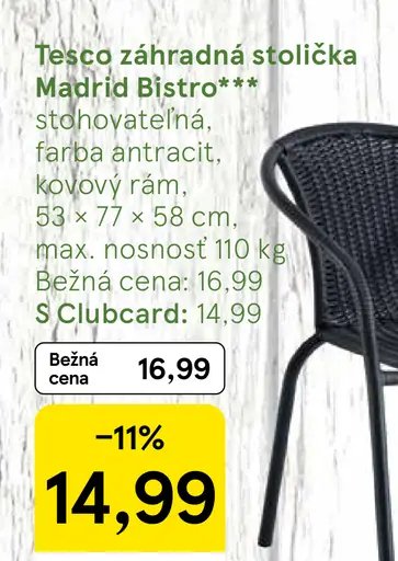 Tesco záhradná stolička Madrid Bistro kovová stohovateľná