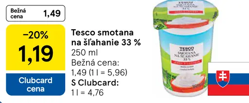 Tesco trvanlivá smotana na šľahanie 30 %