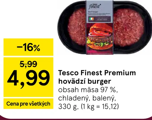 Tesco Finest Premium hovädzí burger chladený balený