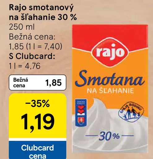 Rajo Trvanlivá smotana na šľahanie 30%