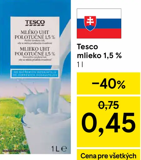 Tesco polotučné mlieko 1,5%