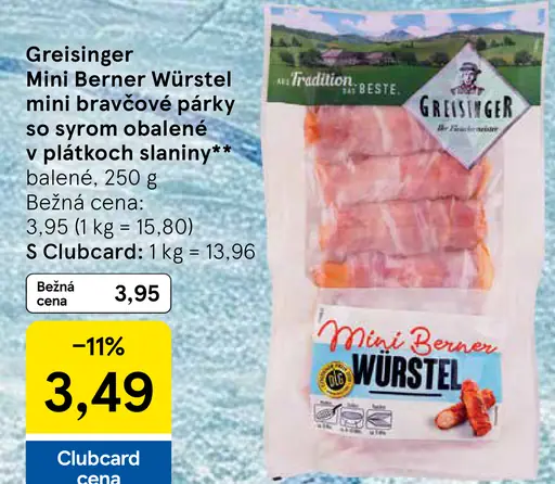 Greisinger Mini Berner Würstel mini bravčové párky so syrom obalené v plátkoch slaniny